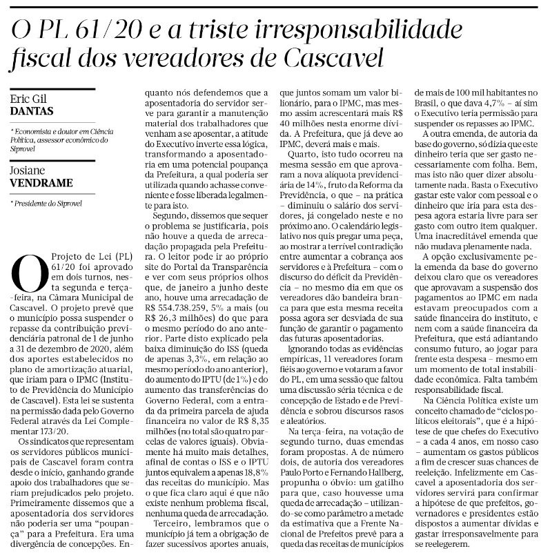 OPINIÃO: O PL 61/20 e a triste irresponsabilidade fiscal dos vereadores de Cascavel